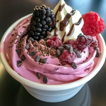 Velvety pink frozen yogurt topped with berries and chocolate bits.