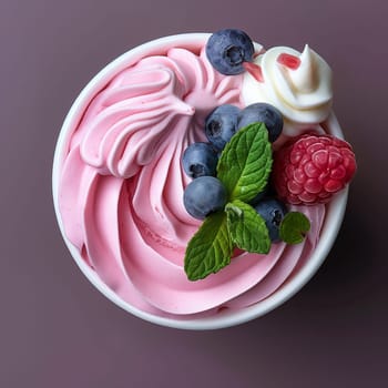 Soft, swirled pink and white frozen yogurt or ice cream topped with fresh berries and mint.