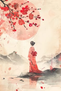 Japanese watercolor poster with young woman ai generated image