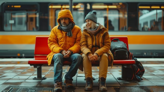 A man and woman sit on a red bench at a train station. The man is wearing a yellow jacket and the woman is wearing a brown coat. They are both looking at the camera