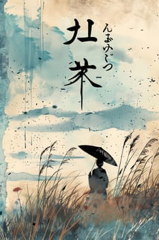 Japanese watercolor poster card woman with umbrella ai generated image