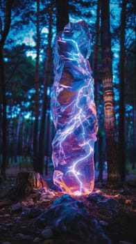 A large rock with a blue lightning bolt on it. The rock is surrounded by trees and the sky is dark