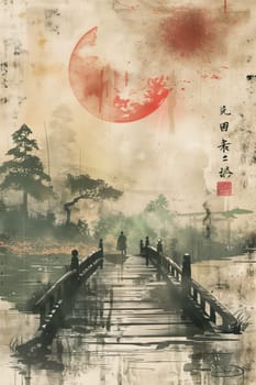 Japanese landscape with bridge watercolor poster ai generated image