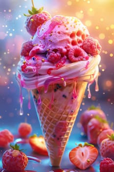 illustration of a melting ice cream cone with raspberries and strawberries against a bokeh background.