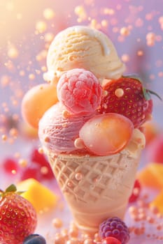 illustration of a melting ice cream cone with raspberries and strawberries against a bokeh background.