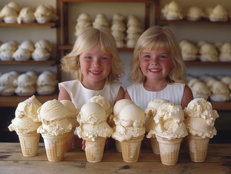A single scoop of vanilla ice cream on a waffle cone with two children. Ice cream shop