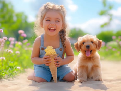 A joyful child with an ice cream cone beside a puppy in a sunny field.