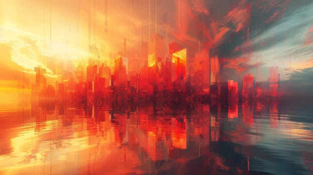 A city skyline is reflected in a body of water, with the sun setting in the background. The colors of the city and the water create a warm and inviting atmosphere