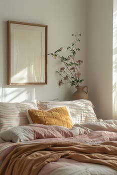 A bed with a vase of flowers on a wooden table. The bed is covered in a striped comforter and pillows