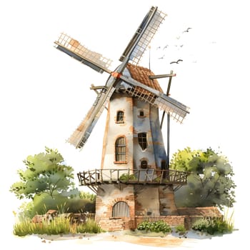A picturesque windmill stands tall amidst lush trees and grass in a natural landscape, creating a serene setting perfect for a painting