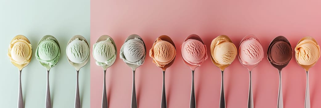 Row of different ice cream flavor scoops on colored background