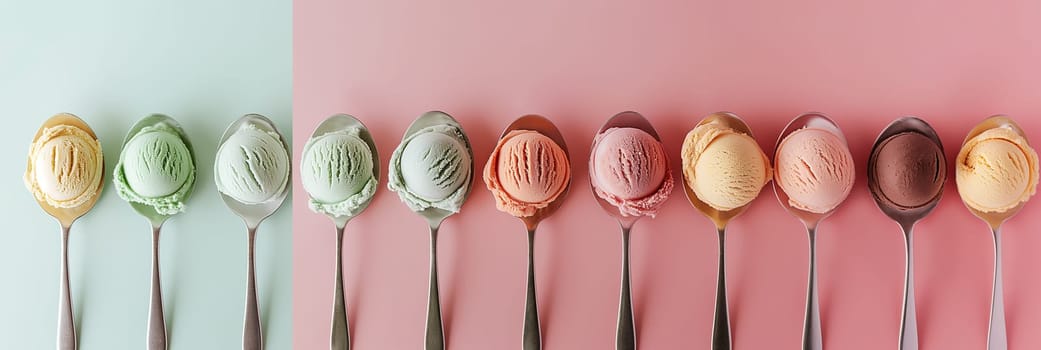 Row of different ice cream flavor scoops on colored background