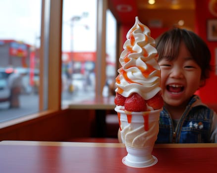 A joyful child smiles beside a large strawberry topped soft serve ice cream.