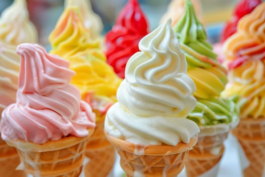 Variety of ice cream flavors in cones with toppings