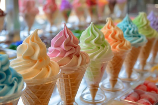 Variety of ice cream flavors in cones with toppings