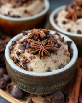 Aromatic dessert in a bowl with anise and chocolate chips.
