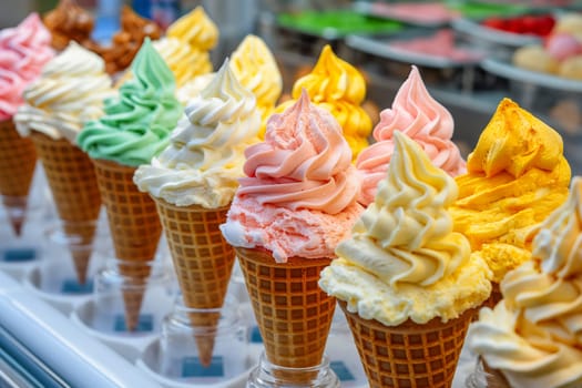 Variety of ice cream flavors in cones with toppings