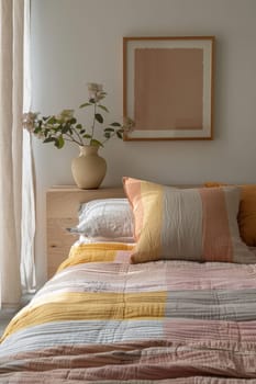 A bed with a vase of flowers on a wooden table. The bed is covered in a striped comforter and pillows