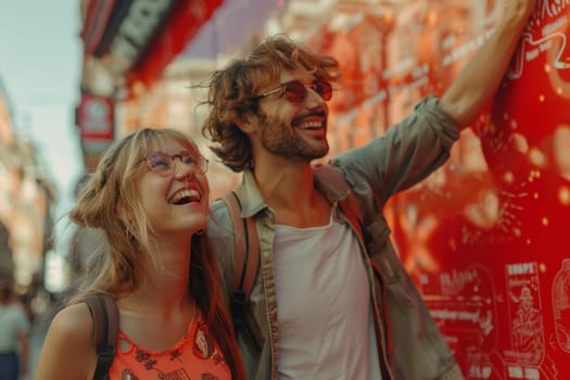 A man and a woman are smiling at a red wall. The woman is wearing a backpack and the man is wearing glasses