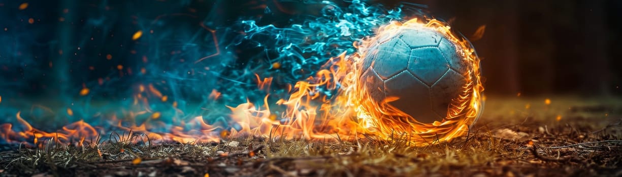 A soccer ball is on fire and surrounded by flames. Concept of danger and excitement, as the ball is in the midst of a fiery explosion
