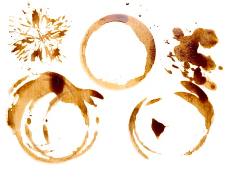 Spilled coffee with drops and splashes, round imprints from a cup on an isolated background
