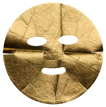 Fabric golden cosmetic face mask with cut holes on isolated background