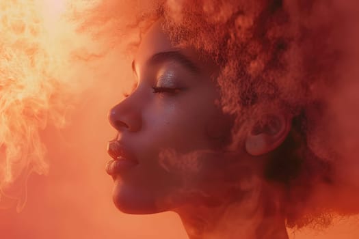 Captivating art piece featuring a womans face up close, with smoke wisping from her Jheri curl hair, set against a vibrant magenta sky. A happy and mesmerizing entertainment event