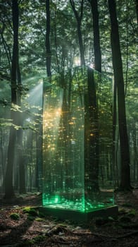 A green structure in a forest with a mirror on it. The structure is tall and has a shiny, reflective surface. The sunlight is shining on the structure, creating a beautiful and serene atmosphere