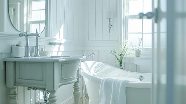 Interior of white bathroom with a bathtub and a mirror and window view. High quality photo