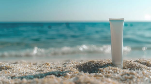 Sunscreen lotion tube on sandy beach, ocean in background with empty space. Summer skin protection concept, sunblock cream for safe sunbathing, beach holiday essentials. Ai generation. High quality