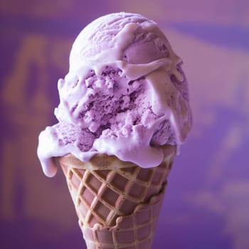 Close up of a single scoop of purple ice cream in a cone.
