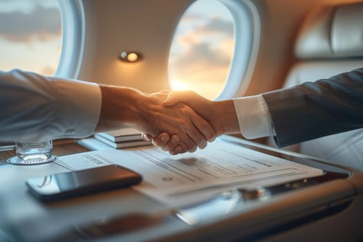 Close up business professional handshake with new partnership on private jet meeting room. Generative AI.