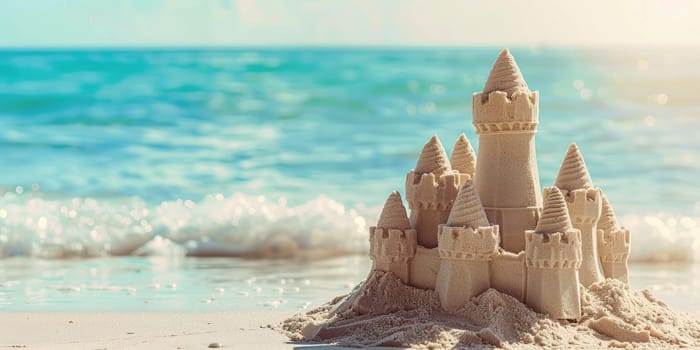 Sandcastle with multiple towers on sandy beach, ocean waves in background. Summer vacation activity for kids, beach fun, sand structure with blue sky. Ai generation. High quality photo