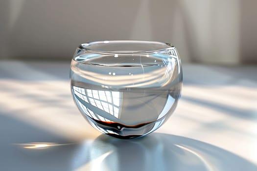 Interior image of a glass vessel with liquid on a white table. Glass in the interior.