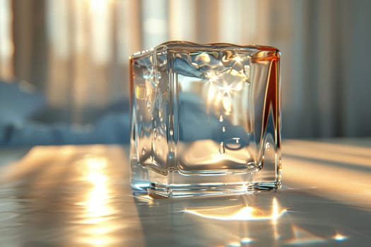A cube of transparent ice from clean water on the table.