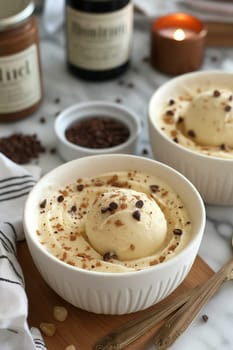 A scoop of vanilla ice cream topped with chocolate chips.