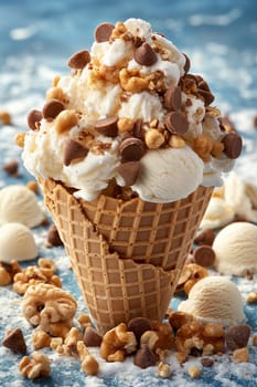 Creamy ice cream cone topped with nuts and chocolate chips.