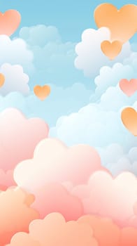 A serene sky featuring a blend of pastel colors with clouds shaped like hearts, creating a dreamy and romantic atmosphere - Generative AI