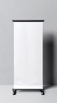 standalone blank white banner is displayed on a metal stand with beige background, suggesting an environment prepared for conferences, or marketing events - ideal for branding mockups - Generative AI