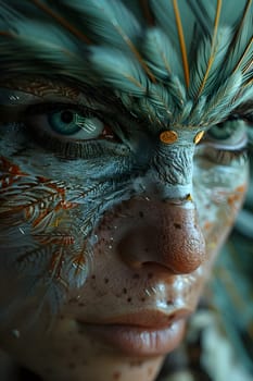 Detailed closeup of a womans eye with intricate feather painting on her face, showcasing the beauty of human body artistry