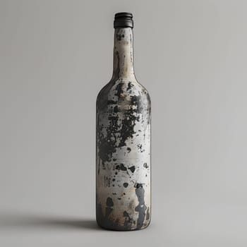 An artful glass bottle with a black bottle stopper saver on a gray background, serving as a drinkware artifact. Perfect for any tableware collection