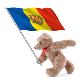 An Andorra flag being carried by a cute teddy bear