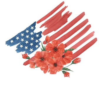 Memorial Day clipart. US flag, red poppy flower, forget-me-not, scorpion grasses . Patriotic hand drawn watercolor home of the brave card, remember and honor banner, commemorative events, flyer, sale