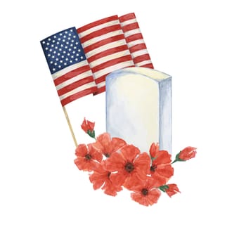 Memorial Day clipart. US flag, red poppy flower, soldiers grave, forget-me-not . Patriotic hand drawn watercolor home of the brave card, remember and honor banner, commemorative events, flyer, sale