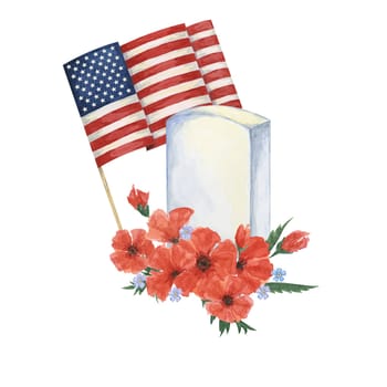 Memorial Day clipart. US flag, red poppy flower, soldiers grave, forget-me-not . Patriotic hand drawn watercolor home of the brave card, remember and honor banner, commemorative events, flyer, sale