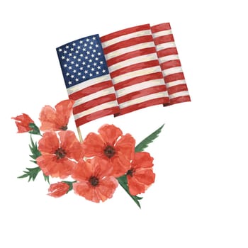 Memorial Day clipart. US flag, red poppy flower, forget-me-nots. Patriotic hand drawn watercolor home of the brave card, remember and honor banner, commemorative events, veteran salute flyer, sale