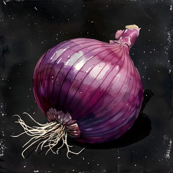 A purple onion, a type of root vegetable, is resting on a black surface. This natural food ingredient, also known as a shallot, is commonly used in cooking and is a versatile produce in the kitchen