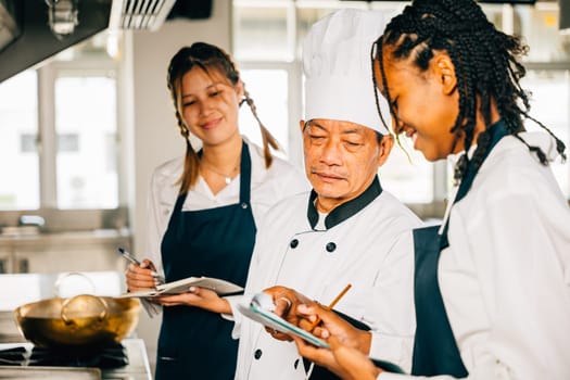 Asian senior chef educates multiracial students in a restaurant kitchen workshop. Focusing on teamwork learning and note-taking. Professional training. Food Edocation