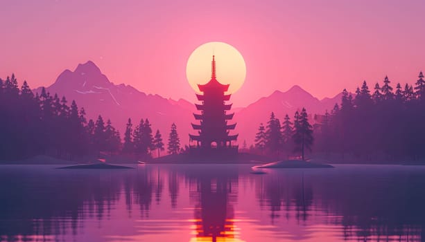 A stunning sunset paints the sky over a serene lake with a pagoda in the foreground, creating a picturesque natural landscape with mountains in the background