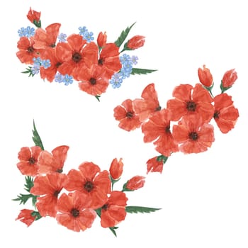 Red poppies and forget-me-nots bouquets. Poppy day flower compositions. Hand drawn watercolor illustration for card, banners, commemorative events, US memorial day, Anzac day, flyers, banners, sale